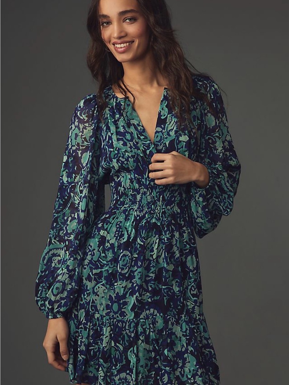 Anthropologie Somerset Long-Sleeve Smocked Teal Navy Floral Chiffon Dress M $158